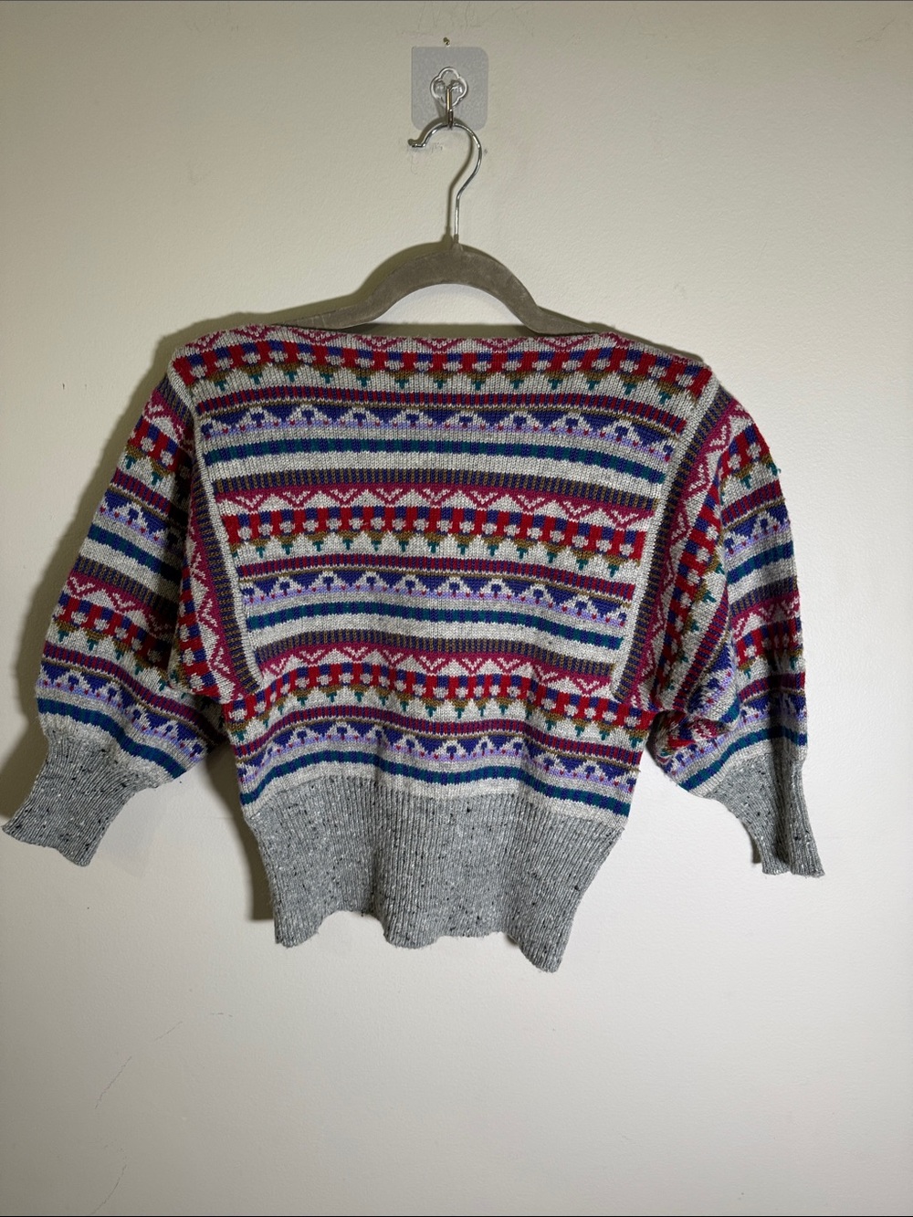 Vintage 80s Esprit Fair Isle Cropped Dolman Sweater Wool Blend M